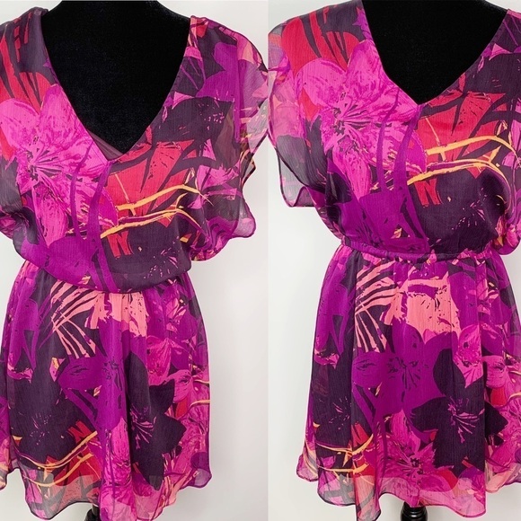 Express Fuchsia Floral Print V-Neck Cap Sleeve Flowy Sheer Lightweight Dress SP - Picture 1 of 14